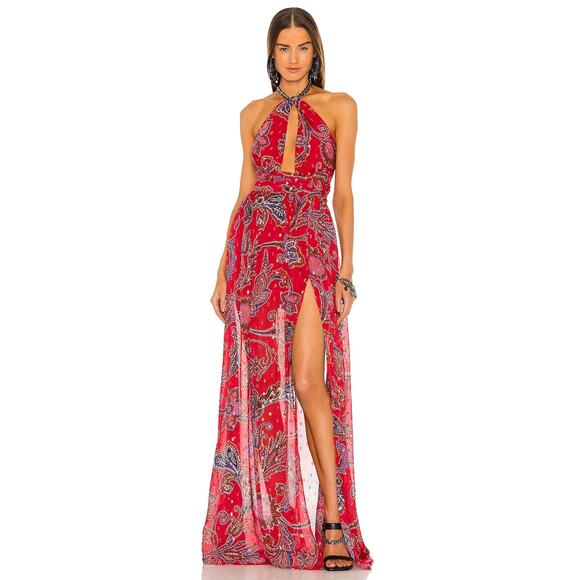Dundas Jimi Maxi Dress Red Paisley Halter Gown Sleeveless Side‎ Slit Sz L - Picture 1 of 12